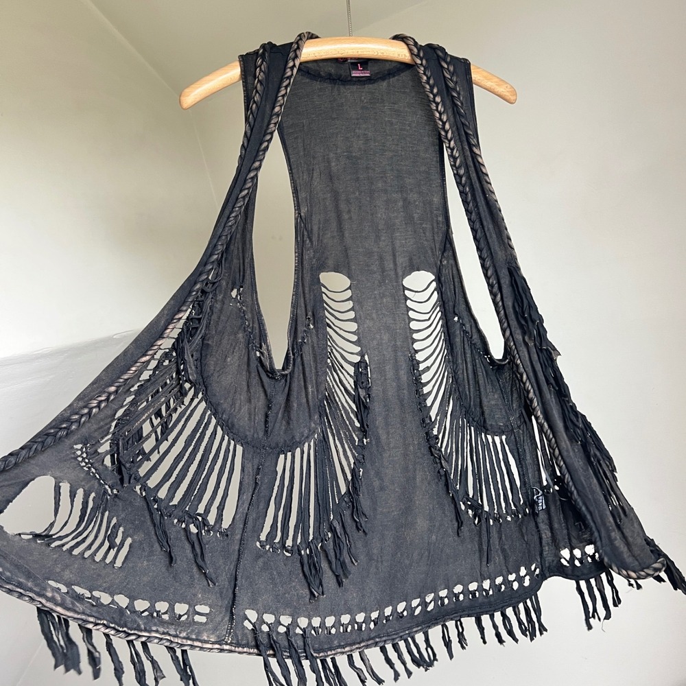 Rock & Roll Cowgirl Vest Large Black Braided Fringe Western Boho Edgy Festival